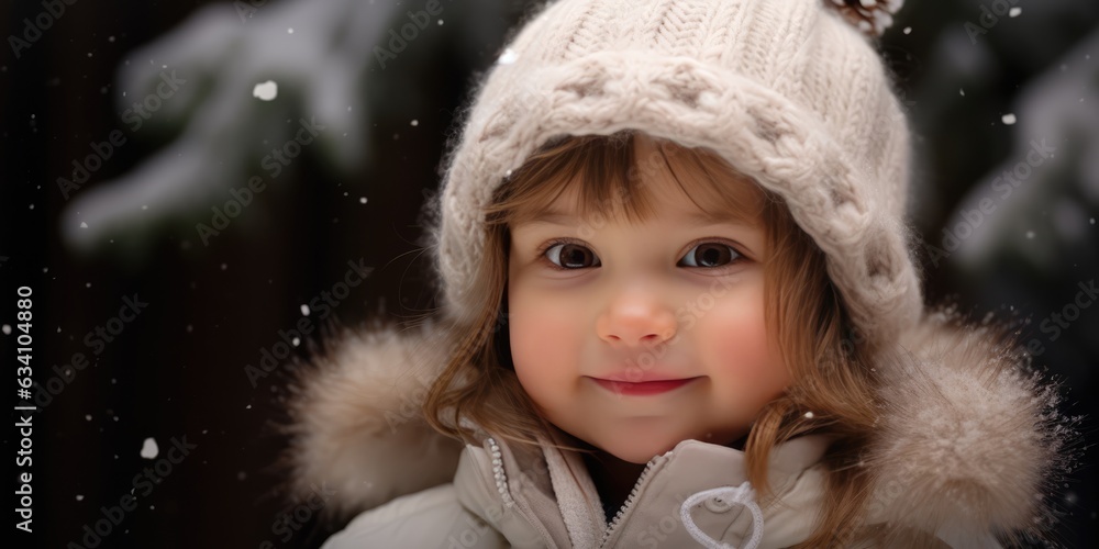 Cute little baby girl smiling wearing woolen cap and scarf and winter clothes with snow day in winter. Playing outside on Christmas holiday, generative ai Cute little baby girl smiling wearing woolen cap and scarf and winter clothes with snow day in winter. Playing outside on Christmas holiday, generative ai