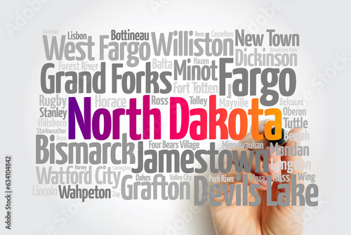 Quadro su tela List of cities in North Dakota USA state, map silhouette word cloud, map concept