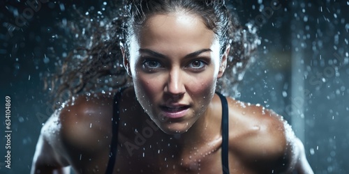Beautiful healthy young sportswoman running under the rain over with one light behind her. Sporty fitness girl is celebrating her athletic accomplishments  generative ai
