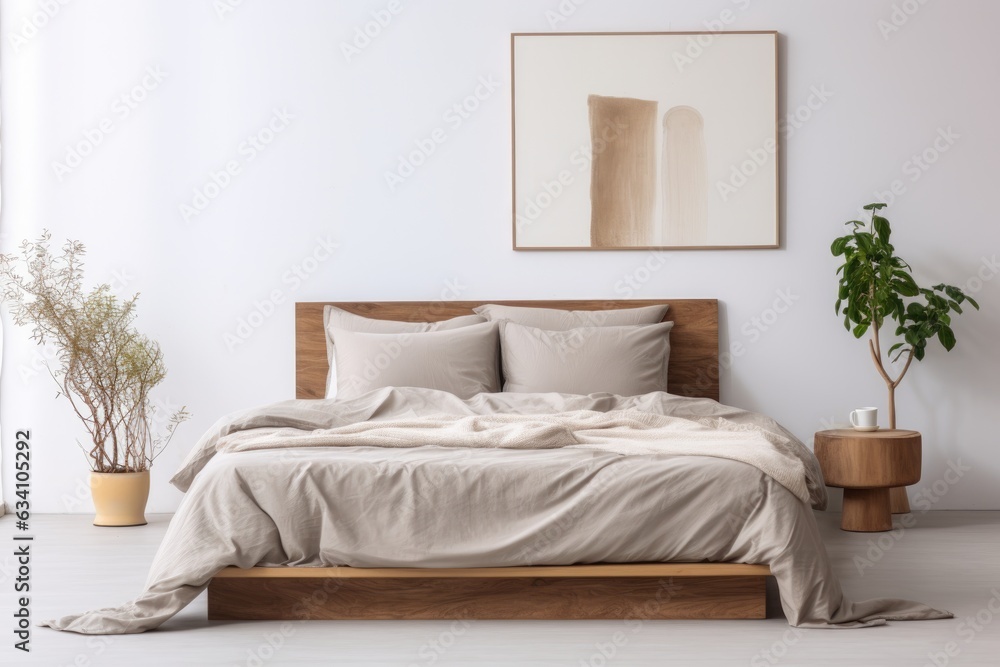 minimalist bed with neutral-colored bedding