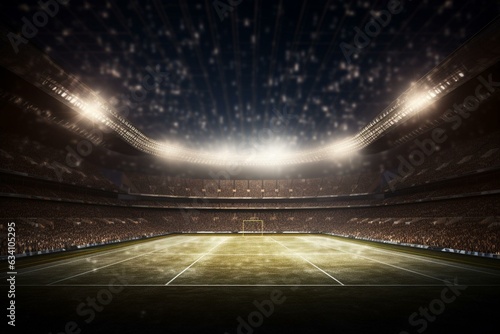 Illuminated football stadium with flashes. Generative AI