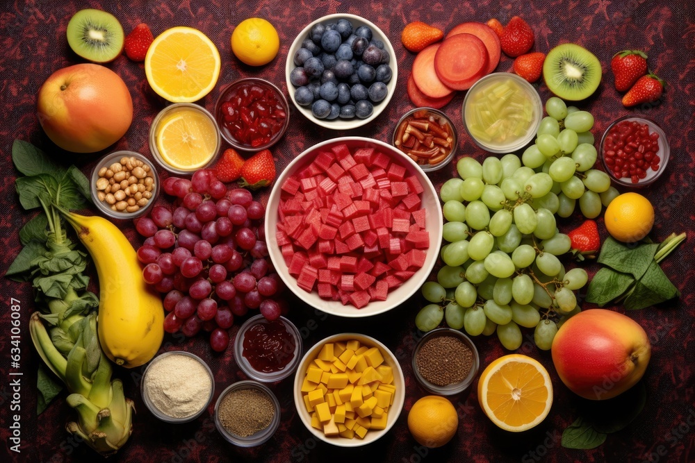 aerial view of arranged fruit salad ingredients