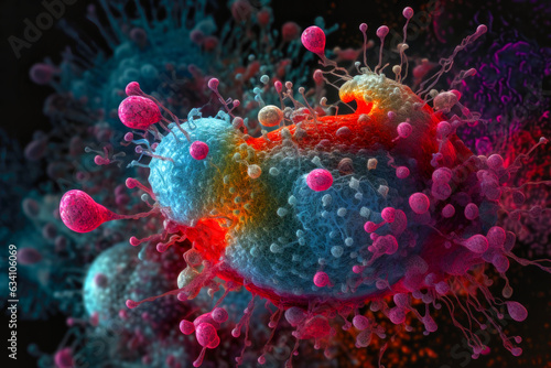 Colorful cell interaction between T cell and cancer cell (Generative AI)