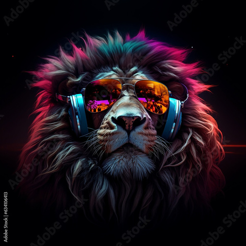 Grooving DJ Lion in Headphones and Sunglasses at an Epic Party
