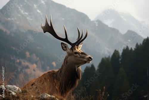 Wild buck in mountains symbolizes hunting and nature. Generative AI © Edward