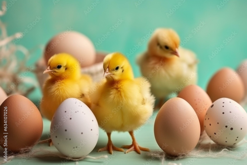 cute baby chickens and brightly colored eggs for Easter celebration. Generative AI