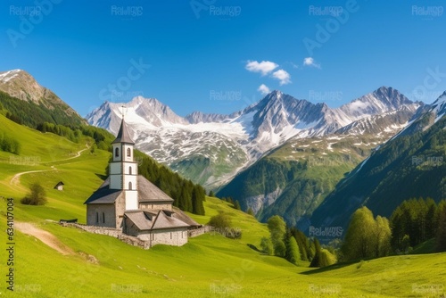 Amazing view of Austrian Alps with Heiligenblut church and Grossglockner peak. Generative AI © Aiden