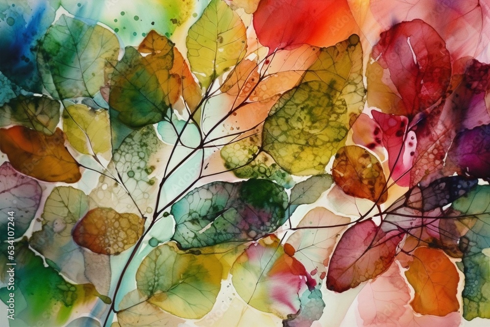 Abstract forest of colorful alcohol ink leaves with wispy white accents. Generative AI
