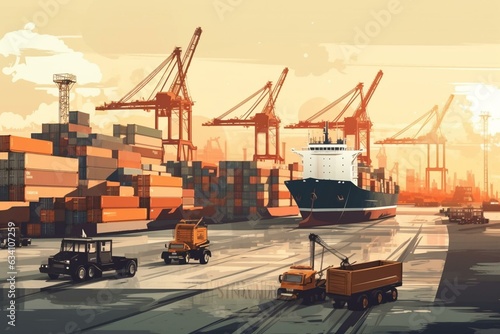 Illustration of cargo transportation in an industrial port. Generative AI
