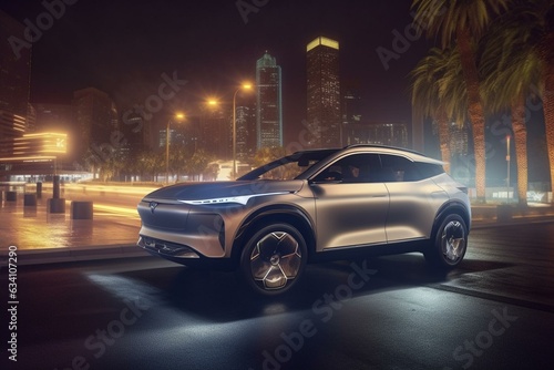 Luxury EV driving through illuminated city at night. Generative AI © Natalia