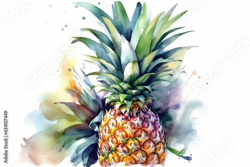Tropical watercolor of a pineapple on a white backdrop. Generative AI