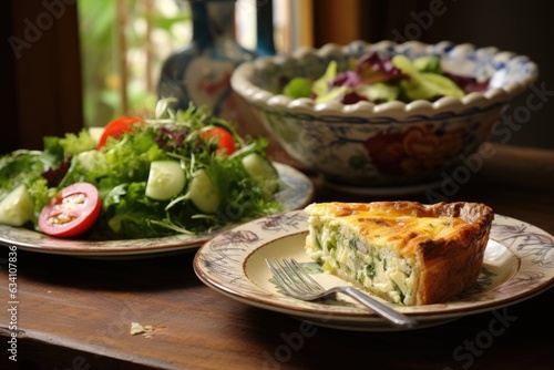 quiche served on a plate with a side salad