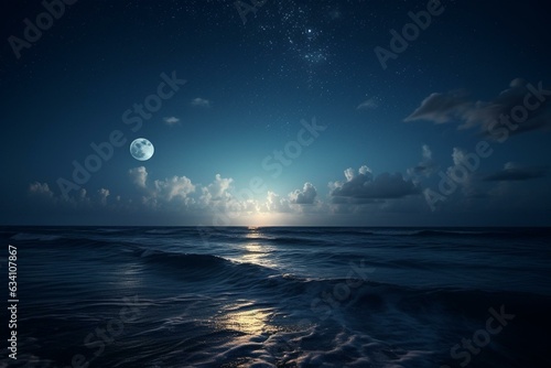 Moon illuminates starry sky over ocean. Generative AI