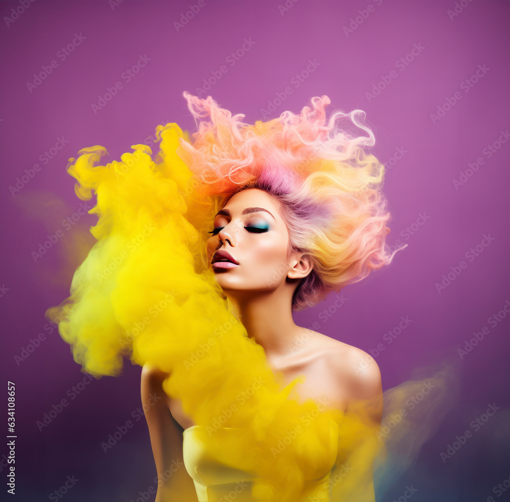 Beautiful female model with pink and teal smoke flowing around. Fashionable flamboyant background. AI generated image - obrazy, fototapety, plakaty 