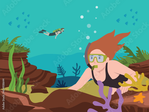 Young woman scuba diver explore sea bottom with seaweeds and corals. Girl in mask and costume explore underwater tropical reef, ocean world, female character snorkeling.