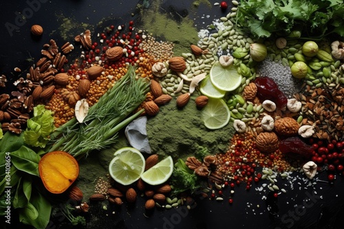 variety of seeds and nuts sprinkled on greens