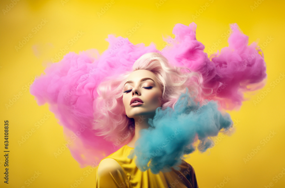 Beautiful female model with pink and teal smoke flowing oround. Fashionable Y2K background. AI generated image Beautiful female model with pink and teal smoke flowing oround. Fashionable Y2K background. AI generated image