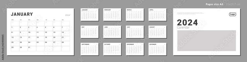Set of Monthly pages Calendar Planner Templates 2024 for wall or desk with Cover and place for Photo, Company Logo. Vector layout of simple calendar with week start Monday for print. Pages for size A4 Set of Monthly pages Calendar Planner Templates 2024 for wall or desk with Cover and place for Photo, Company Logo. Vector layout of simple calendar with week start Monday for print. Pages for size A4