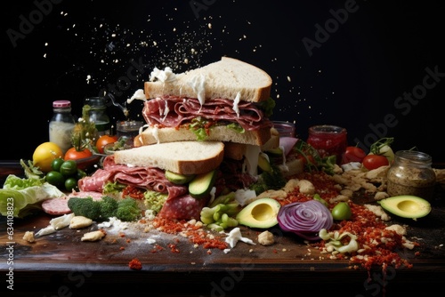 deconstructed sandwich with ingredients scattered
