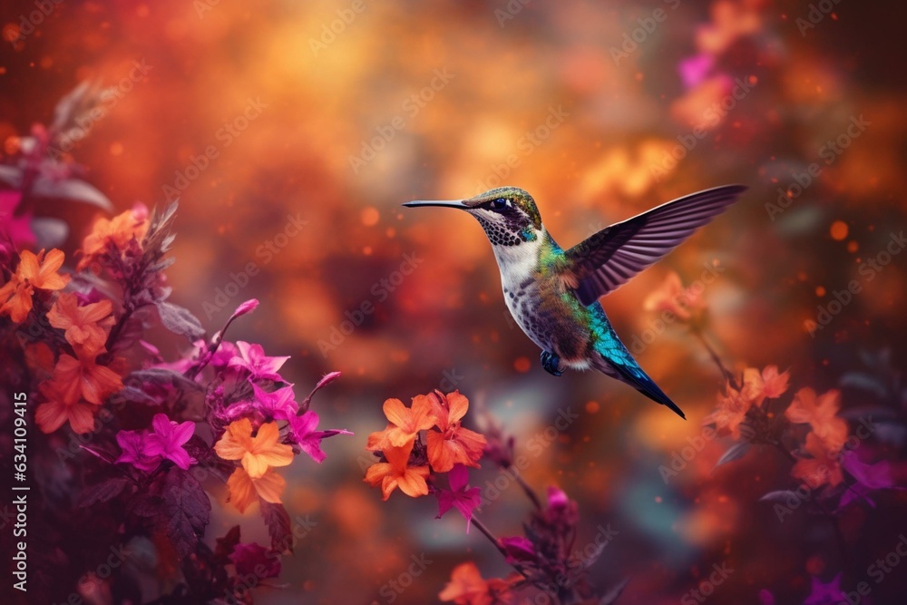 Fototapeta premium Pixelated hummingbird amidst colorful flowers. Generative AI