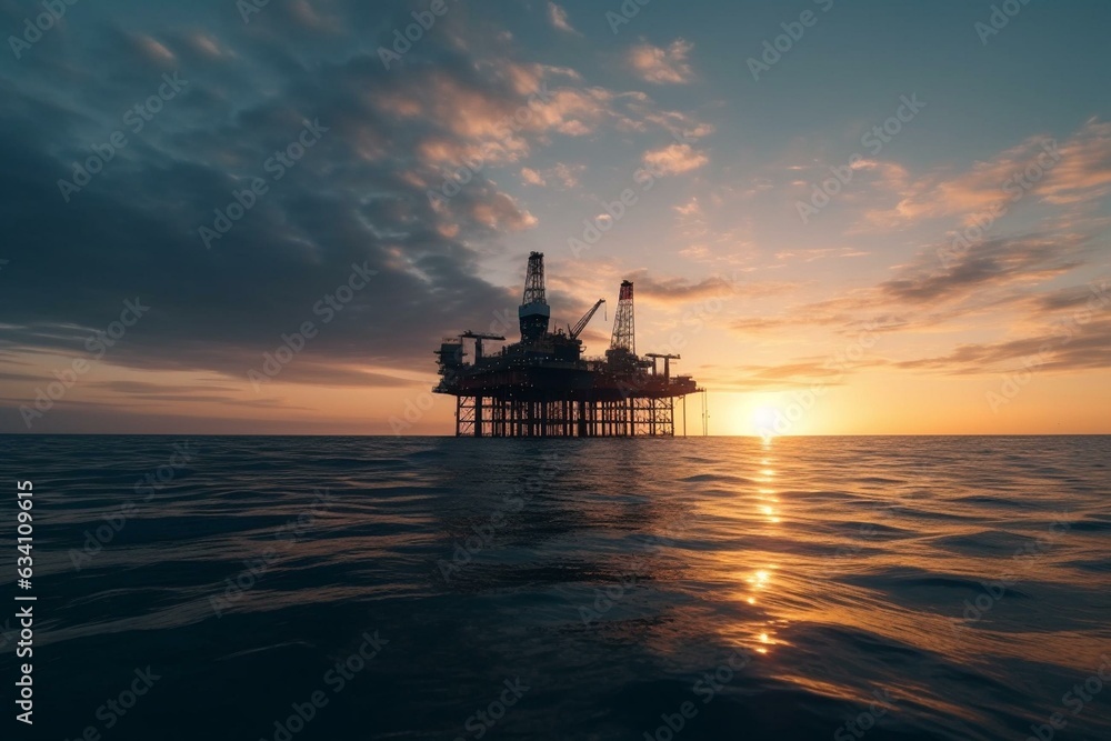 Oil rig on stilts in the water with petrochemical industry. Generative AI