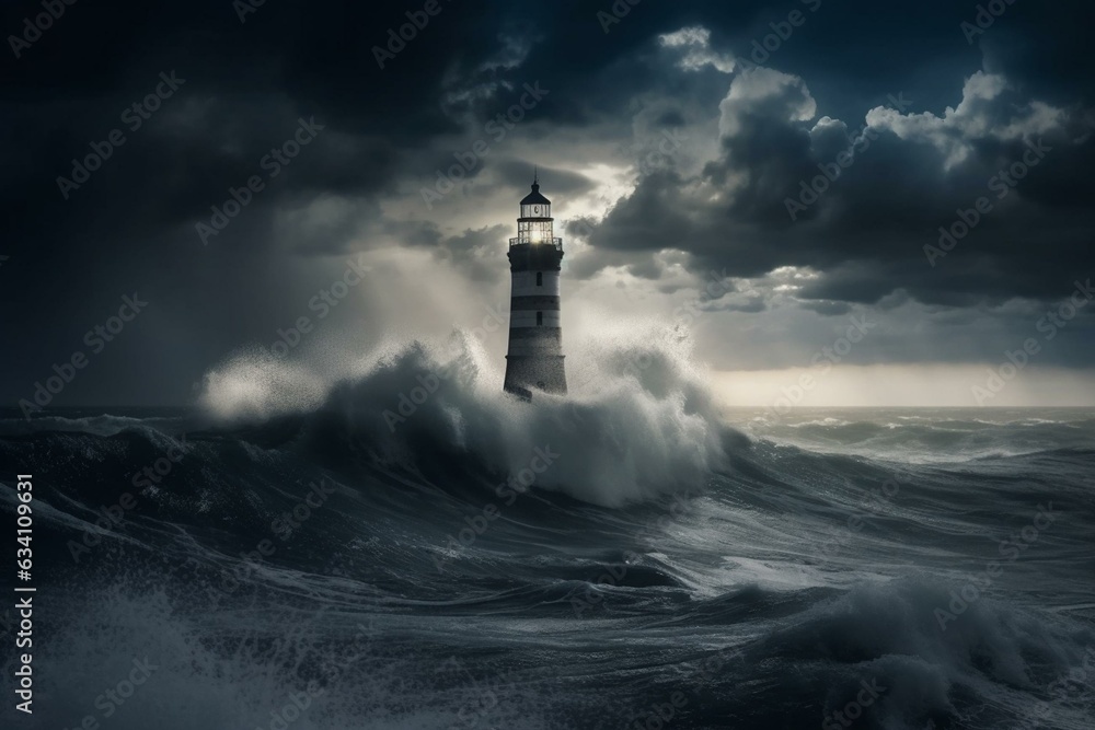 Stormy night lighthouse with lightning and waves. Generative AI