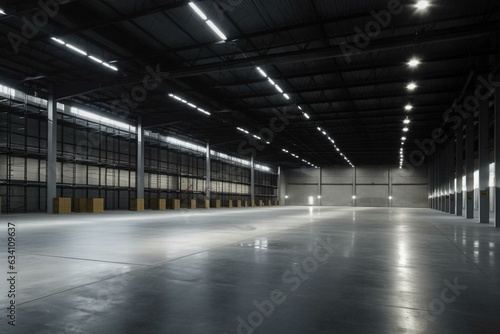 A warehouse with sloping reflective walls and fluorescent lighting. Generative AI