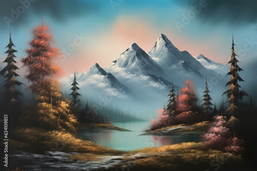 Mountain landscape inspired by Bob Ross. Generative AI
