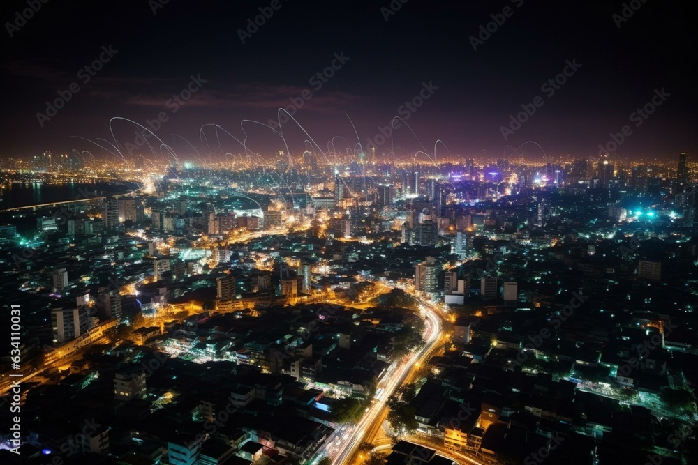 Nighttime Bangkok illuminated with wireless tech network illustrated in high quality. Generative AI