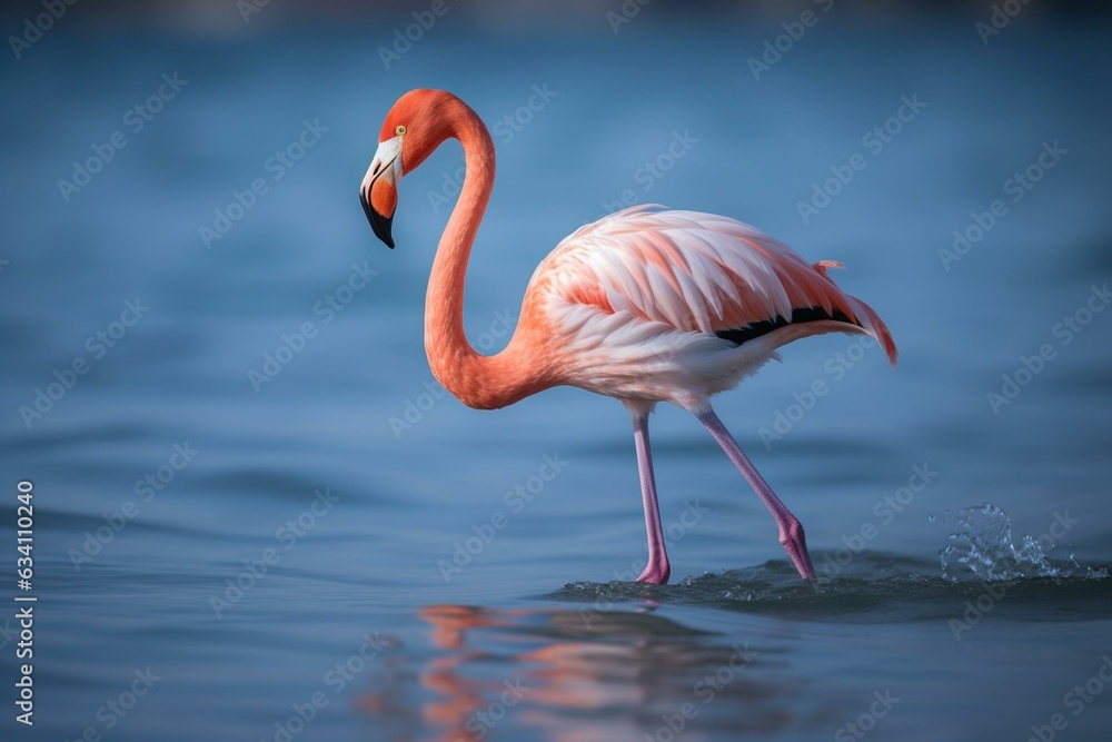A flamingo with a single leg standing in the ocean. Generative AI