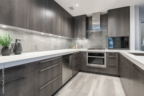 Modern gray domestic kitchen with flat front cabinets, white quartz countertops, and glossy linear tile backsplash. Generative AI