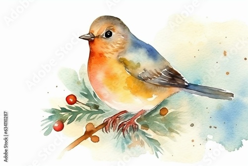 Watercolor painting of a festive bird for the holiday season. Generative AI © Artur
