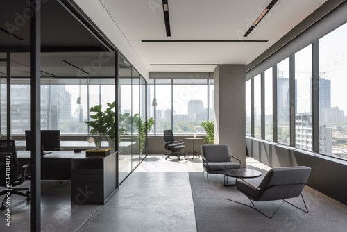 A panoramic window brightens up this grey office featuring both work and relaxation zones. Generative AI