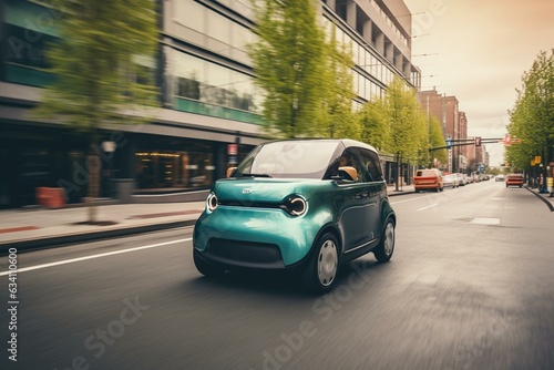 Image of an electric vehicle cruising through a city street. Generative AI © Rosamund