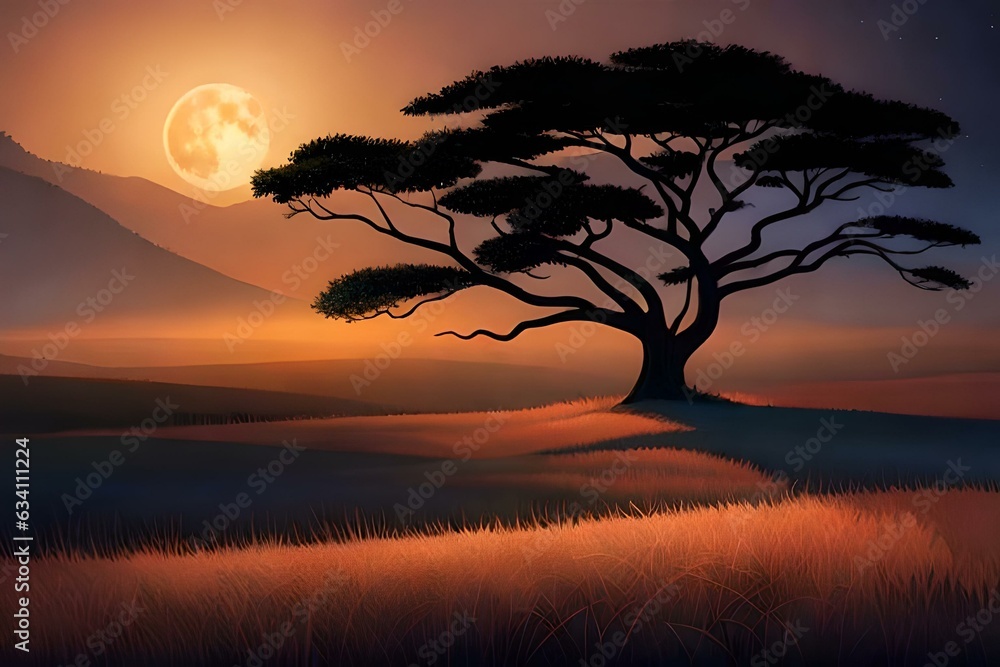 The savanna night landscape unfolds before your eyes, a symphony of nature under the enchanting night sky - AI Generative