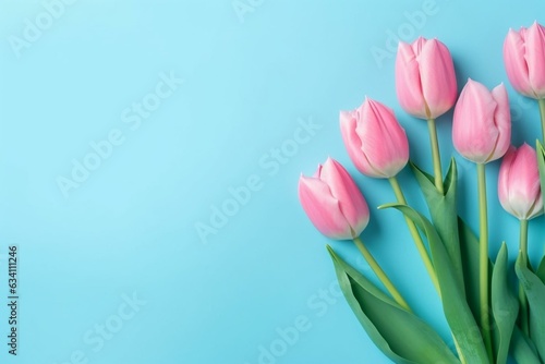 Spring flowers: pink tulips on blue background. Generative AI