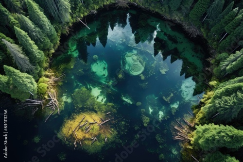 aerial view of a hidden forest lagoon