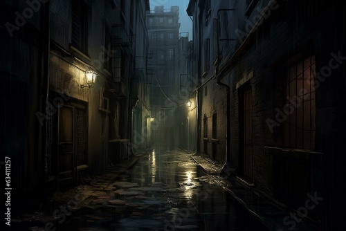 Illustration of a dim and damp alley, perfect for a mystery novel or horror story. Generative AI
