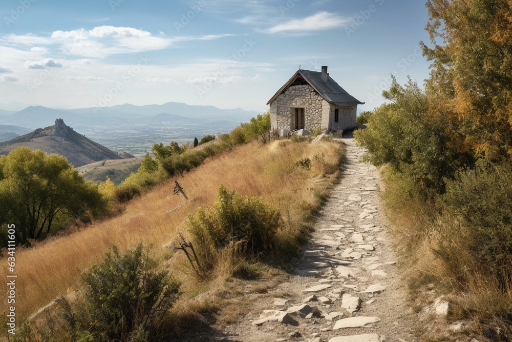 A hilltop house with a path and a mountain in the distance. Generative AI