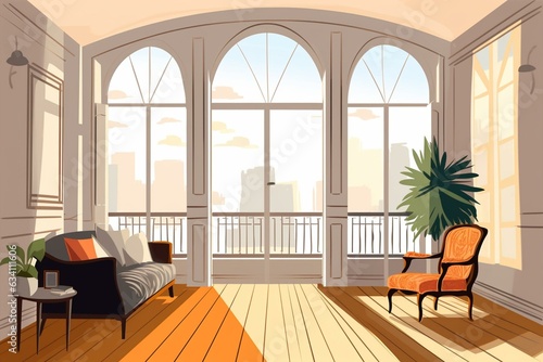 Illustration of contemporary flat with large French window, designed with modern methods. Generative AI © Aisha