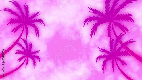 moving palm trees, pink sky and clouds. Barbie concept, seamless footage