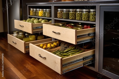 pull-out pantry drawers with organized canned goods
