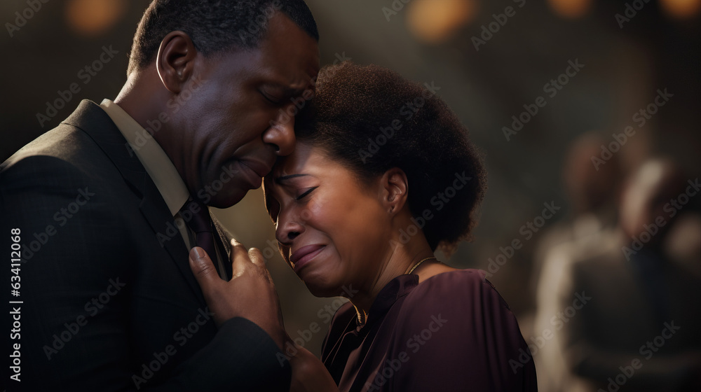 African American Father and Mother at a Funeral Procession Crying Grief Sadness of Child. Concept of Heartbreaking Loss, Family Grief, Funeral Procession, Parental Anguish, Mourning the Child, Emotion African American Father and Mother at a Funeral Procession Crying Grief Sadness of Child. Concept of Heartbreaking Loss, Family Grief, Funeral Procession, Parental Anguish, Mourning the Child, Emotion