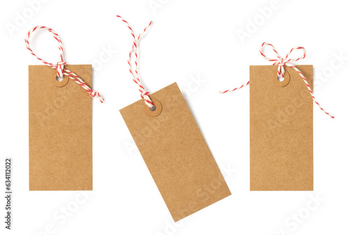 Fototapete set / collection of three brown natural craft kraft paper hang tags, price tags