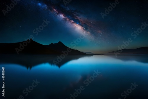 Under a canopy of stars, a body of water glistens like liquid stardust, captivating the imagination - AI Generative