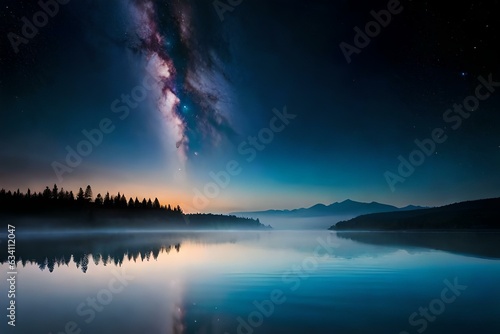 Under a canopy of stars, a body of water glistens like liquid stardust, captivating the imagination - AI Generative