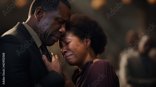 African American Father and Mother at a Funeral Procession Crying Grief Sadness of Child. Concept of Heartbreaking Loss, Family Grief, Funeral Procession, Parental Anguish, Mourning the Child, Emotion photo