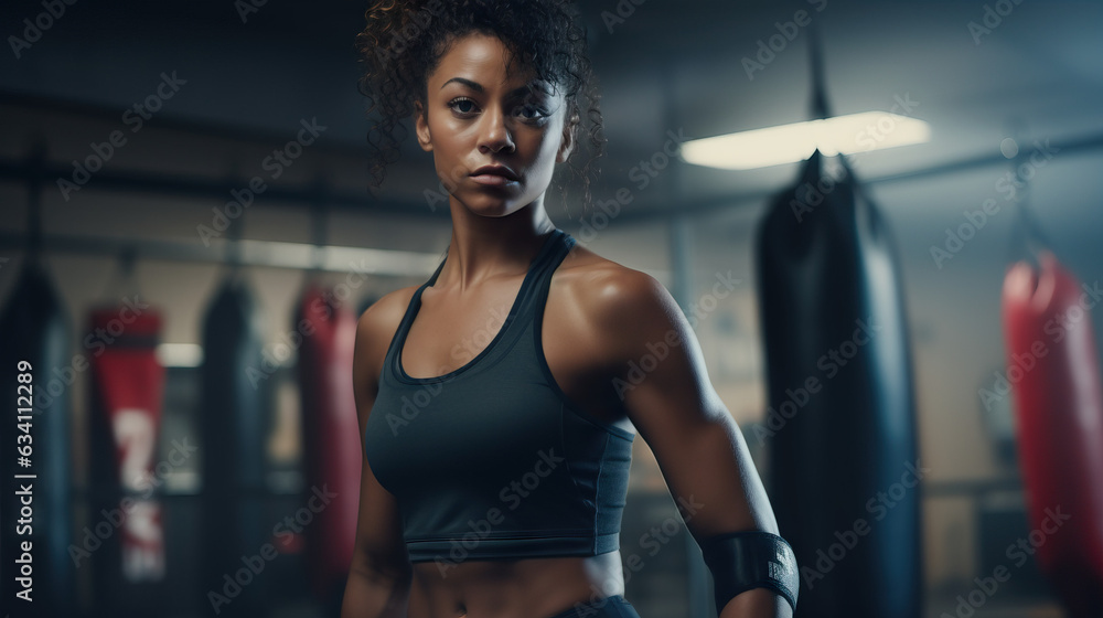Young African American Woman in Boxing Gym Training With Punching Bag. Concept of Boxing Training, Physical Fitness, Empowerment, Martial Arts Practice, Punching Bag Workout, Athletic. Young African American Woman in Boxing Gym Training With Punching Bag. Concept of Boxing Training, Physical Fitness, Empowerment, Martial Arts Practice, Punching Bag Workout, Athletic.