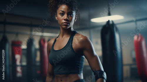 Young African American Woman in Boxing Gym Training With Punching Bag. Concept of Boxing Training, Physical Fitness, Empowerment, Martial Arts Practice, Punching Bag Workout, Athletic.