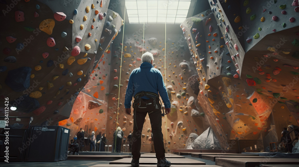 Foto de Older Man Senior Active Lifestyle at the Rock Climbing Gym ...